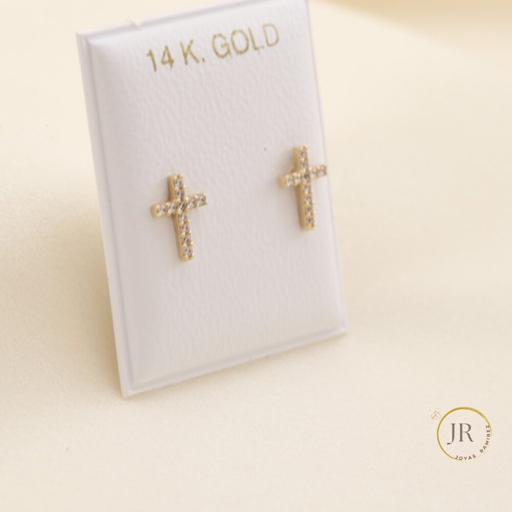 14K Solid Gold CZ Pave Cross Stud Earrings Religious Fine Jewelry - Picture 3 of 7